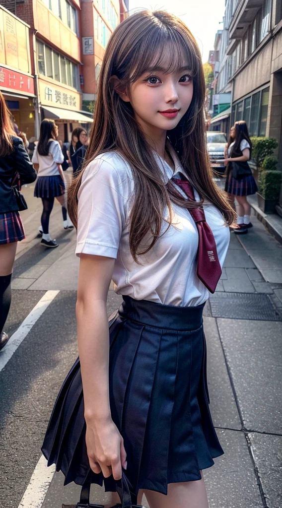 (8K, RAW Photos, Highest quality, masterpiece:1.2), (Realistic, photo-Realistic:1.4), (extremely detailed 8K wallpaper), Sharp focus, Depth of written boundary, Boscinematic Lighting, Soft Light, Beautiful eyes every detail,shiny smooth light brown Long Bob Hair, Asymmetrical bangs, Glowing Skin, Highly detailed skin ,High resolution, Attention to detail, Detailed hairstyle, Attention to detail美顔, hyper Realistic, Perfect limbs, Perfect Anatomy ,1 Japanese girl,Famous Japanese Idols, Perfect female body, Large Breasts,smile,short eyelashes,double eyelid,Beautiful bronze hair,Blonde Japanese beauty,Long Bob Hair, (school uniform:1.3),(Mini Skirt Navy Mini Skirt), View your viewers, (Crowded street:1.3),