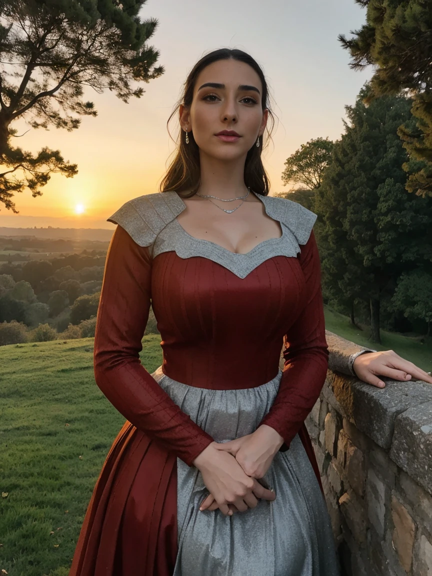 Beautiful and regal, imperious and aloof, busty athletic (thin) brunette queen with sharp facial features, crown braid, wearing a dark red medieval dress, long sleeves, intricate patterns, embroidery, wide neck, crown, veil, long dress, tight bodice, (silver waist chain), medieval jewelry, Middle Ages, castle, rampart, wall, exterior, on top of a castle wall, trees, countryside, evening, sunset.