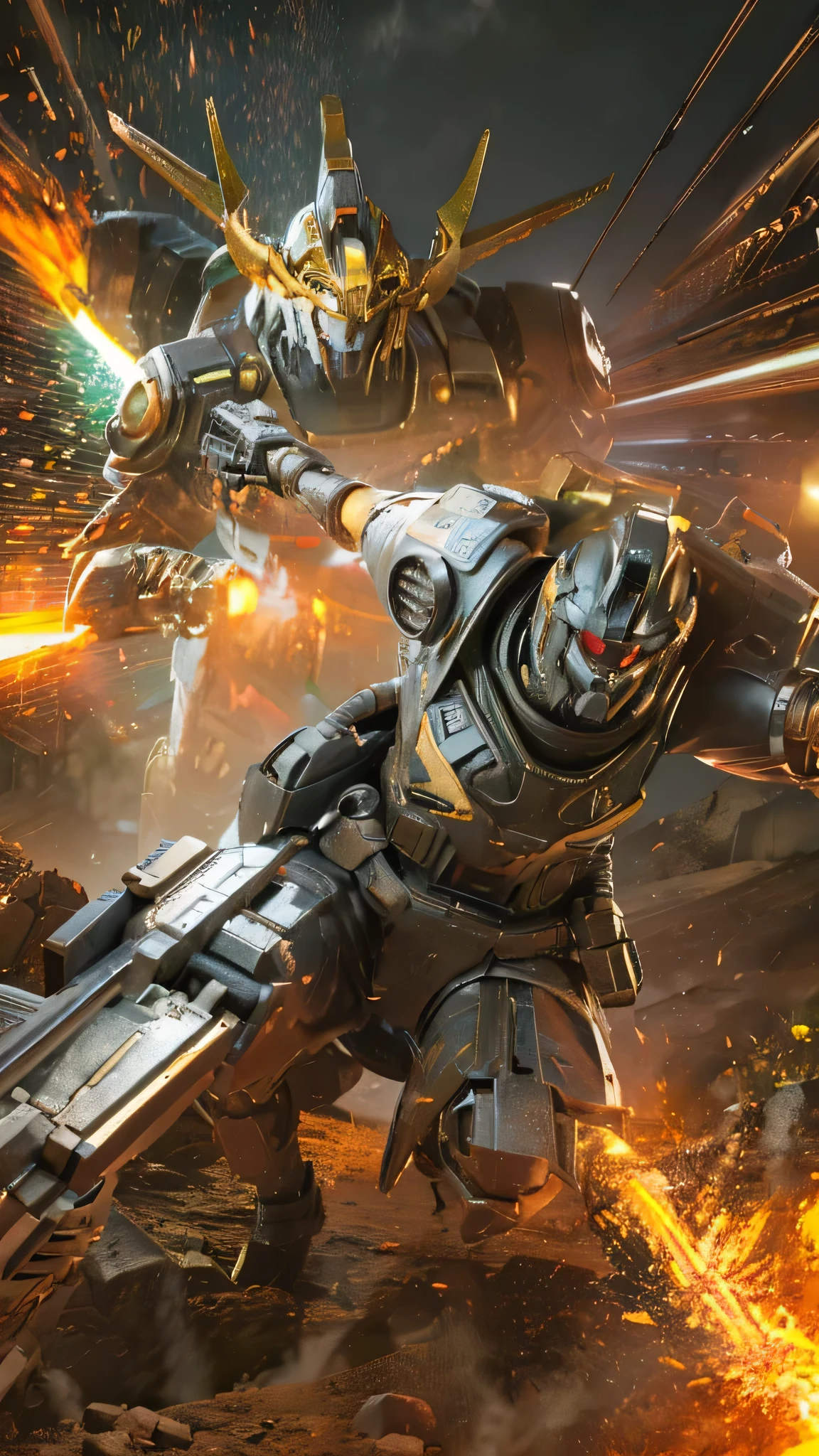 最high quality、Best image quality、masterpiece、Giant Mecha((humanoid、Railgun、Bulletproof vest、Jetpack、Red visor、Run、Chainsaw,Full of wounds,gas mask、Gold Color、Fighting Pose、Muscular,destruction)）high quality、Beautiful art、background((underground,Fighting the monsters)),Tabletop、Exquisite design、Visual Arts、Written boundary depth、Best lighting、The finest details、8ｋ