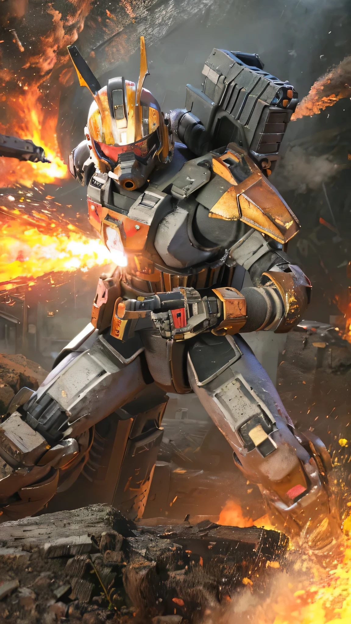 最high quality、Best image quality、masterpiece、Giant Mecha((humanoid、Railgun、Bulletproof vest、Jetpack、Red visor、Run、Chainsaw,Full of wounds,gas mask、Gold Color、Fighting Pose、Muscular,destruction))high quality、Beautiful art、background((underground,Fighting the monsters)),Tabletop、Exquisite design、Visual Arts、Written boundary depth、Best lighting、The finest details、8k