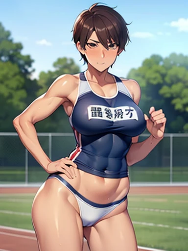 NSFW,Track and field uniform,Belly button,(((Mature Woman,Shyness))),Red face,Watery eye,Shyness,Short Hair,Outdoor,Famous meeting points