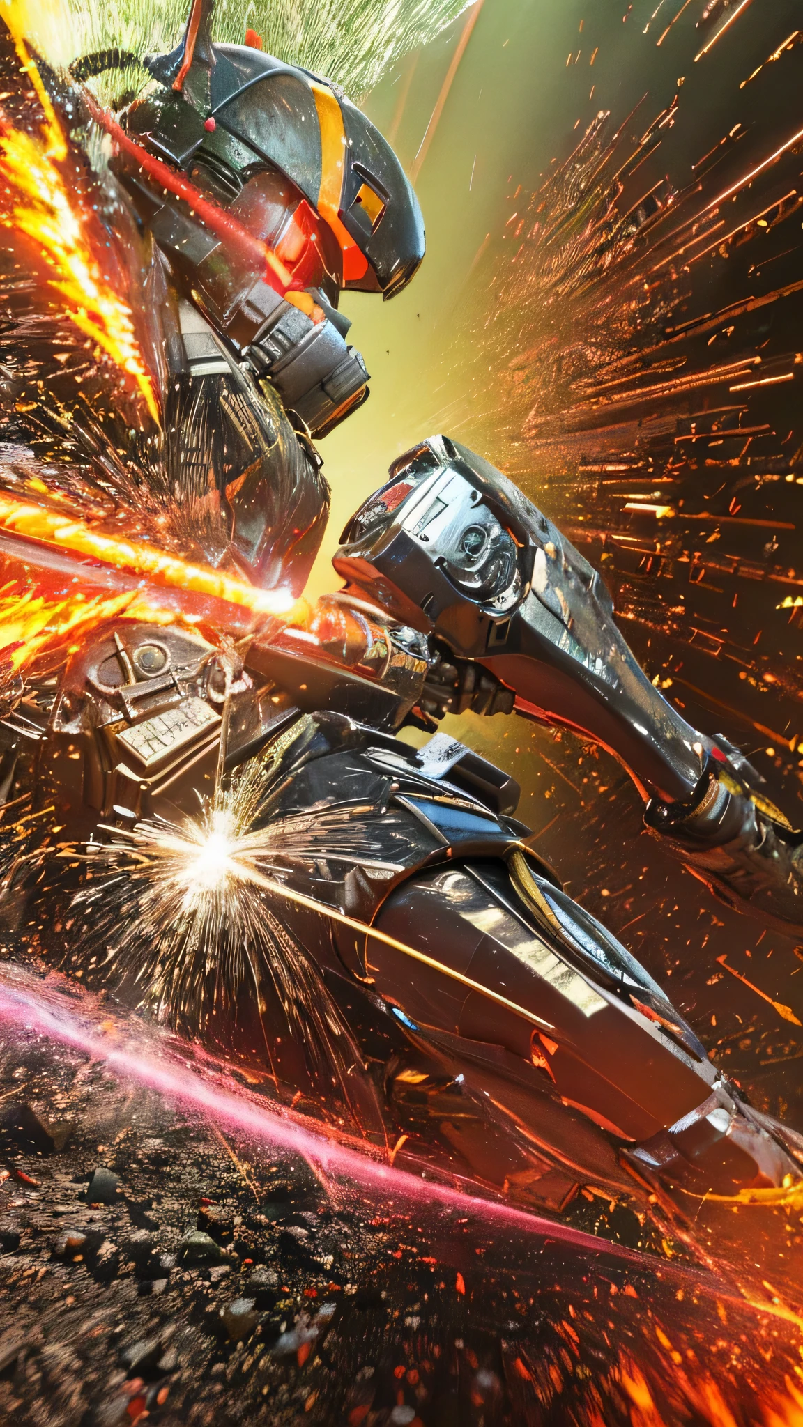 最high quality、Best image quality、masterpiece、Giant Mecha((humanoid、Railgun、Bulletproof vest、Jetpack、Red visor、Run、Chainsaw,Full of wounds,gas mask、Gold Color、Fighting Pose、Muscular,destruction))high quality、Beautiful art、background((underground,Fighting the monsters)),Tabletop、Exquisite design、Visual Arts、Written boundary depth、Best lighting、The finest details、8k