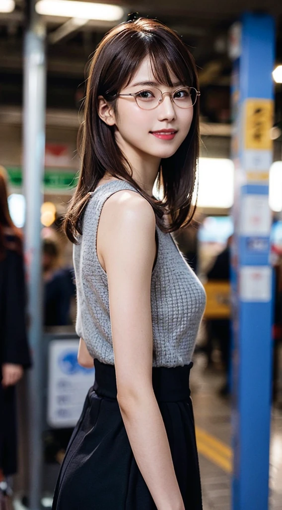 (8K、RAW Photos、Highest quality、masterpiece:1.2)、(Realistic、Photorealistic:1.37)、Ultra-detailed、Ultra-high resolution、1 girl、Seeing the viewer、Beautifully detailed face、Laughter、narrow、(Slim waist) :1.3)、shortcut、Beautifully detailed skin、Skin Texture、Floating Hair、Professional Lighting、Waiting for the train on the platform、Black-rimmed square glasses 、Human whole body、Brown Hair