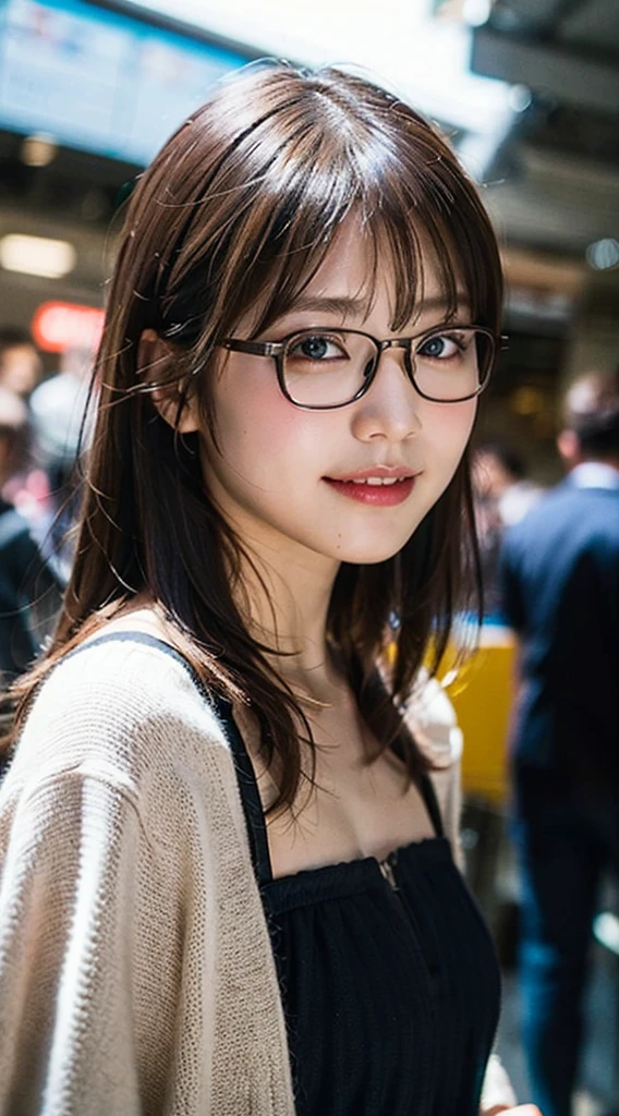 (8K、RAW Photos、Highest quality、masterpiece:1.2)、(Realistic、Photorealistic:1.37)、Ultra-detailed、Ultra-high resolution、1 girl、Seeing the viewer、Beautifully detailed face、Laughter、narrow、(Slim waist) :1.3)、shortcut、Beautifully detailed skin、Skin Texture、Floating Hair、Professional Lighting、Waiting for the train on the platform、Black-rimmed square glasses 、Human whole body、Brown Hair