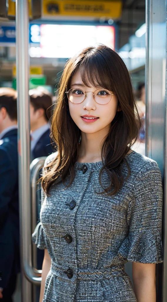 (8K、RAW Photos、Highest quality、masterpiece:1.2)、(Realistic、Photorealistic:1.37)、Ultra-detailed、Ultra-high resolution、1 girl、Seeing the viewer、Beautifully detailed face、Laughter、narrow、(Slim waist) :1.3)、shortcut、Beautifully detailed skin、Skin Texture、Floating Hair、Professional Lighting、Waiting for the train on the platform、Black-rimmed square glasses 、Human whole body、Brown Hair