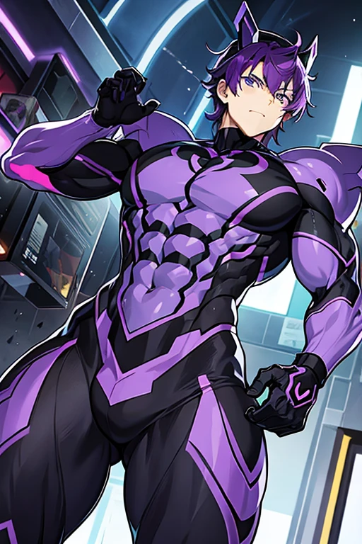 muscular robot man, PURPLE HAIR, black cap, purple eyes