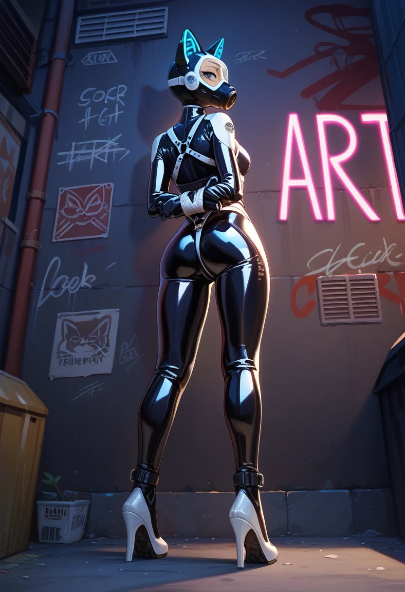 animation, Highest quality, Highest quality, High quality illustrations, masterpiece, Ultra-high resolution, Detailed Background, Alley, night, Graffiti art on the wall, Absurd, Perfect Anatomy, performance, Good lighting, Shadows in the movies(kemono, Furry PersonifiCation), Cat, Blueskin, White Rubber Suit, latex, neon, neonライト, neonカラー, Bodysuits, Cyber Suit, Mech Suit, cyber punk, Harness, Rubber mask, Hands tied behind back, Stick your butt out, From the back