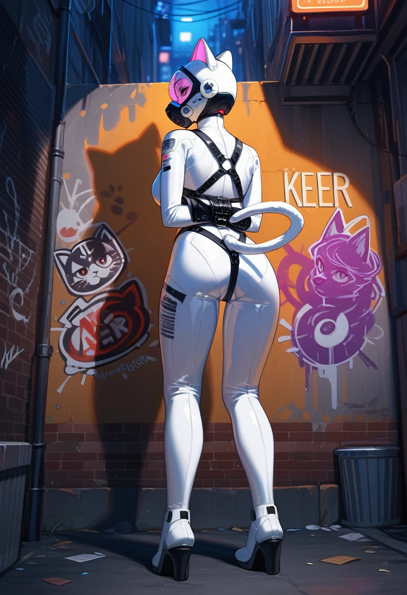 animation, Highest quality, Highest quality, High quality illustrations, masterpiece, Ultra-high resolution, Detailed Background, Alley, night, Graffiti art on the wall, Absurd, Perfect Anatomy, performance, Good lighting, Shadows in the movies(kemono, Furry PersonifiCation), Cat, Blueskin, White Rubber Suit, latex, neon, neonライト, neonカラー, Bodysuits, Cyber Suit, Mech Suit, cyber punk, Harness, Rubber mask, Hands tied behind back, Stick your butt out, From the back