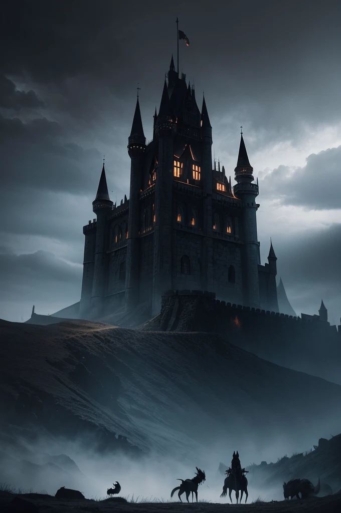 Create a dark illustration of a medieval castle surrounded by a black dragon