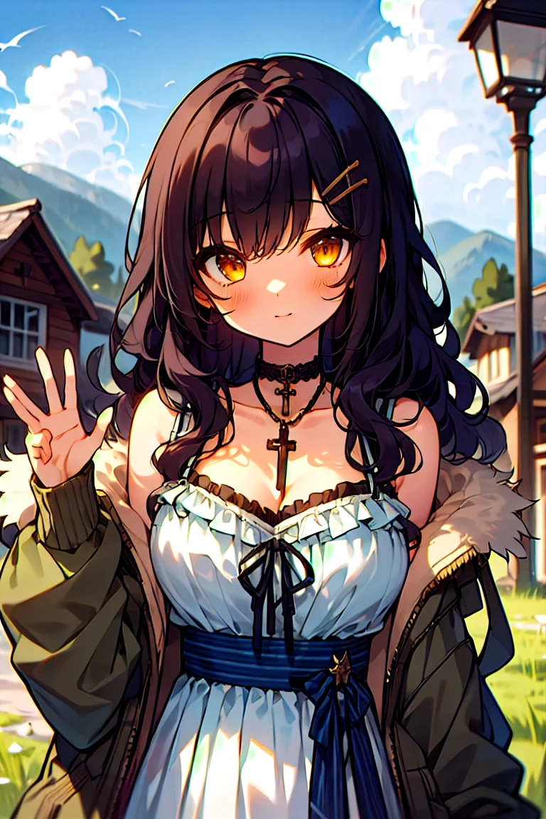 (masterpiece:1.2), (high quality:1.2), girls with((1girl, solo, black hair, yellow eyes, (wavy long hair, millitary beret, hairclips:1.3), blush, breasts, choker, cleavage, coat, cowboy shot, blue lace dress, camisole, ribbon waist belt, black ribbon belt, red bow, red ribbon, neck ribbon, collar, collarbone, rosary, rosary choker, cross, fur, fur trim, parka, khaki hoodie, green hoodie, khaki jacket, hood down, hooded coat, hooded jacket, hoodie, jacket, large breasts, long sleeves, medium breasts, open clothes, open coat,open hoodie, sleeveless, winter clothes, zipper, cleavage, upper body, hand up, waving, palm)), background with((architecture, blue sky, bush, castle, village, no humans, cloud, cloudy sky, day, field, garden, grass, hill, house, lamppost, landscape, mountain, mountainous horizon, nature, no humans, outdoors, scenery, shrine, sky))