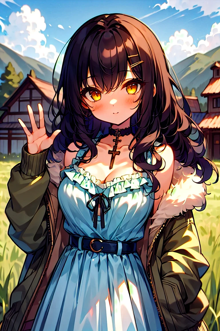 (masterpiece:1.2), (high quality:1.2), girls with((1girl, solo, black hair, yellow eyes, smiling, (wavy long hair, one side up, hairclips:1.54), blush, breasts, choker, cleavage, coat, cowboy shot, blue lace dress, camisole, ribbon waist belt, black ribbon belt, red bow, red ribbon, neck ribbon, collar, collarbone, rosary, rosary choker, cross, fur, fur trim, parka, khaki hoodie, green hoodie, khaki jacket, hood down, hooded coat, hooded jacket, hoodie, jacket, large breasts, long sleeves, medium breasts, open clothes, open coat,open hoodie, sleeveless, winter clothes, zipper, cleavage, upper body, hand up, waving, palm)), background with((architecture, blue sky, bush, castle, village, no humans, cloud, cloudy sky, day, field, garden, grass, hill, house, lamppost, landscape, mountain, mountainous horizon, nature, no humans, outdoors, scenery, shrine, sky))