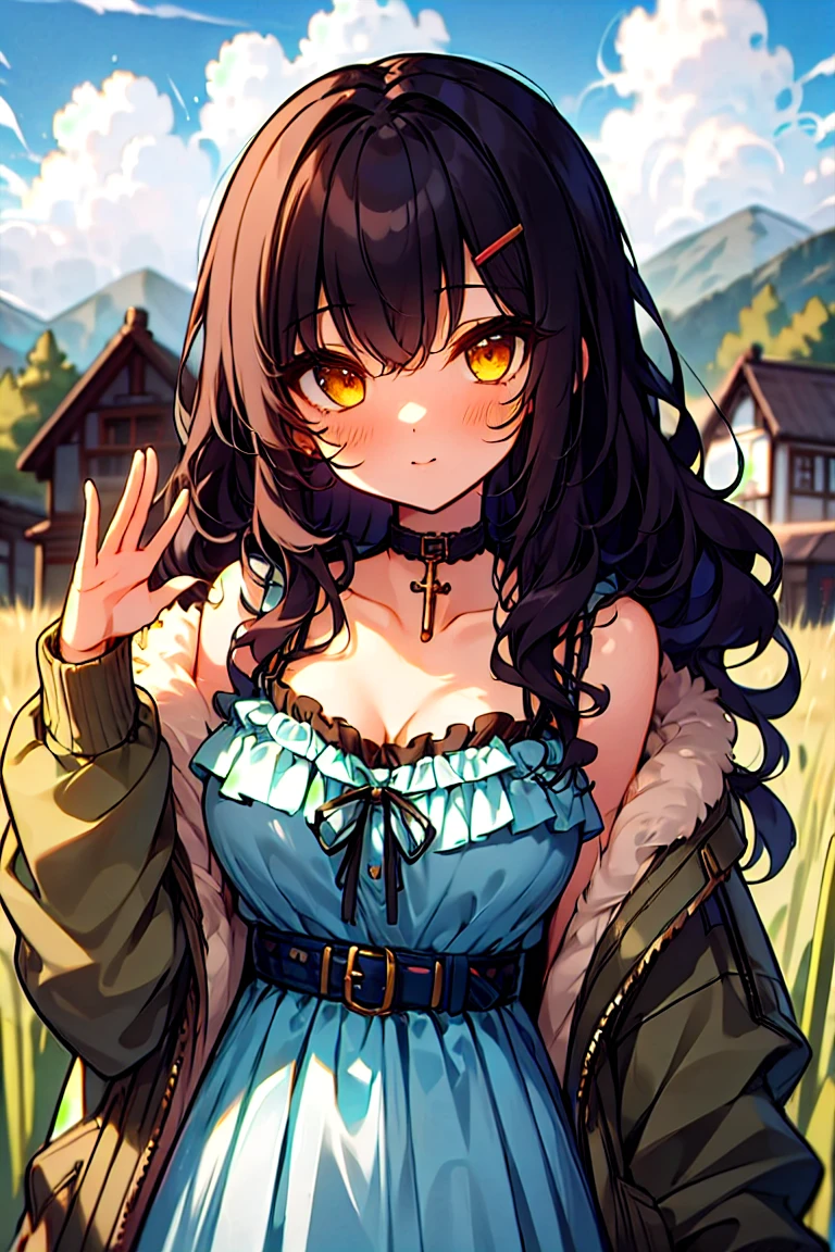 (masterpiece:1.2), (high quality:1.2), girls with((1girl, solo, black hair, yellow eyes, smiling, (wavy long hair, one side up, hairclips:1.54), blush, breasts, choker, cleavage, coat, cowboy shot, blue lace dress, camisole, ribbon waist belt, black ribbon belt, red bow, red ribbon, neck ribbon, collar, collarbone, rosary, rosary choker, cross, fur, fur trim, parka, khaki hoodie, green hoodie, khaki jacket, hood down, hooded coat, hooded jacket, hoodie, jacket, large breasts, long sleeves, medium breasts, open clothes, open coat,open hoodie, sleeveless, winter clothes, zipper, cleavage, upper body, hand up, waving, palm)), background with((architecture, blue sky, bush, castle, village, no humans, cloud, cloudy sky, day, field, garden, grass, hill, house, lamppost, landscape, mountain, mountainous horizon, nature, no humans, outdoors, scenery, shrine, sky))