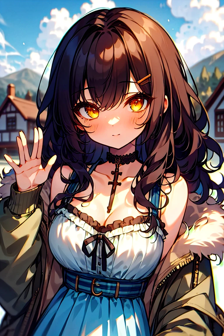 (masterpiece:1.2), (high quality:1.2), girls with((1girl, solo, black hair, yellow eyes, smiling, (wavy long hair, one side up, hairclips:1.54), blush, breasts, choker, cleavage, coat, cowboy shot, blue lace dress, camisole, ribbon waist belt, black ribbon belt, red bow, red ribbon, neck ribbon, collar, collarbone, rosary, rosary choker, cross, fur, fur trim, parka, khaki hoodie, green hoodie, khaki jacket, hood down, hooded coat, hooded jacket, hoodie, jacket, large breasts, long sleeves, medium breasts, open clothes, open coat,open hoodie, sleeveless, winter clothes, zipper, cleavage, upper body, hand up, waving, palm)), background with((architecture, blue sky, bush, castle, village, no humans, cloud, cloudy sky, day, field, garden, grass, hill, house, lamppost, landscape, mountain, mountainous horizon, nature, no humans, outdoors, scenery, shrine, sky))