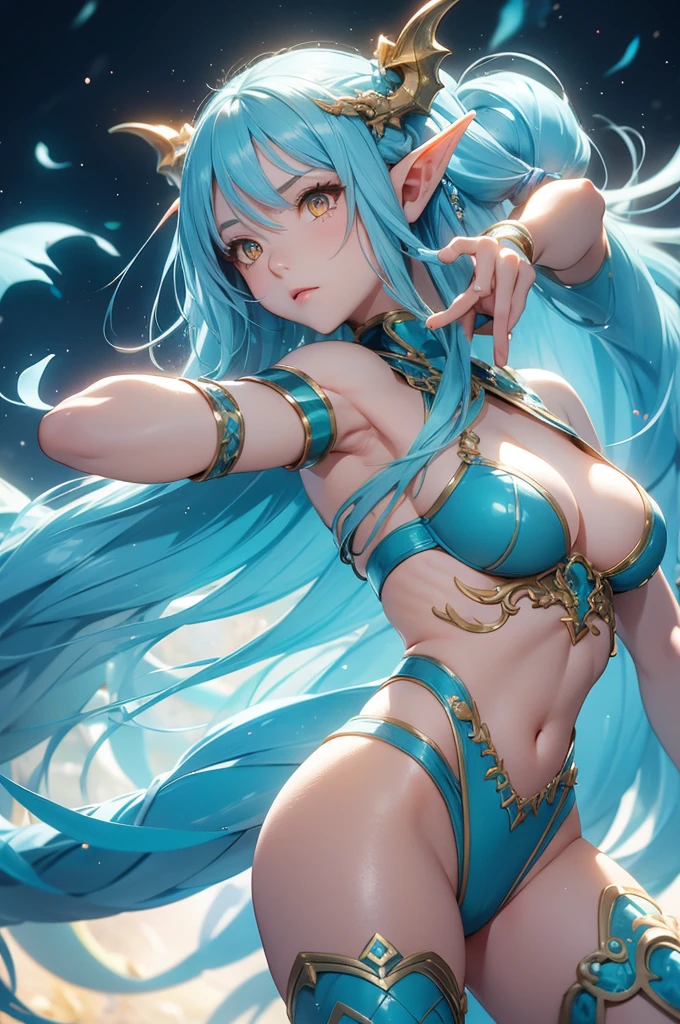 cute young girl, light blue hair, long hair, small braids hair, yellow eyes, dragon horn, dragon tail, elf ear, muscular body, big breast, fight pose