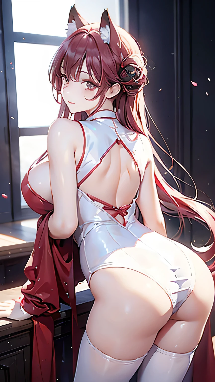 Hips，Beautiful back，Fox Teacher，Translucent red cheongsam，Long hair，Added a little flexibility，Rich in layers，Soaked，White pantyhose，Sleeveless shoulderless，Big 