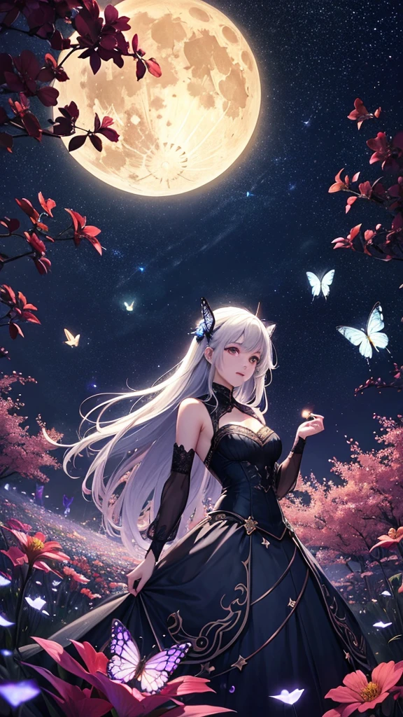 A fantastical night scene with a full moon and transparent butterflies, a field of colorful flowers, and a starry sky transitioning to dawn or dusk.