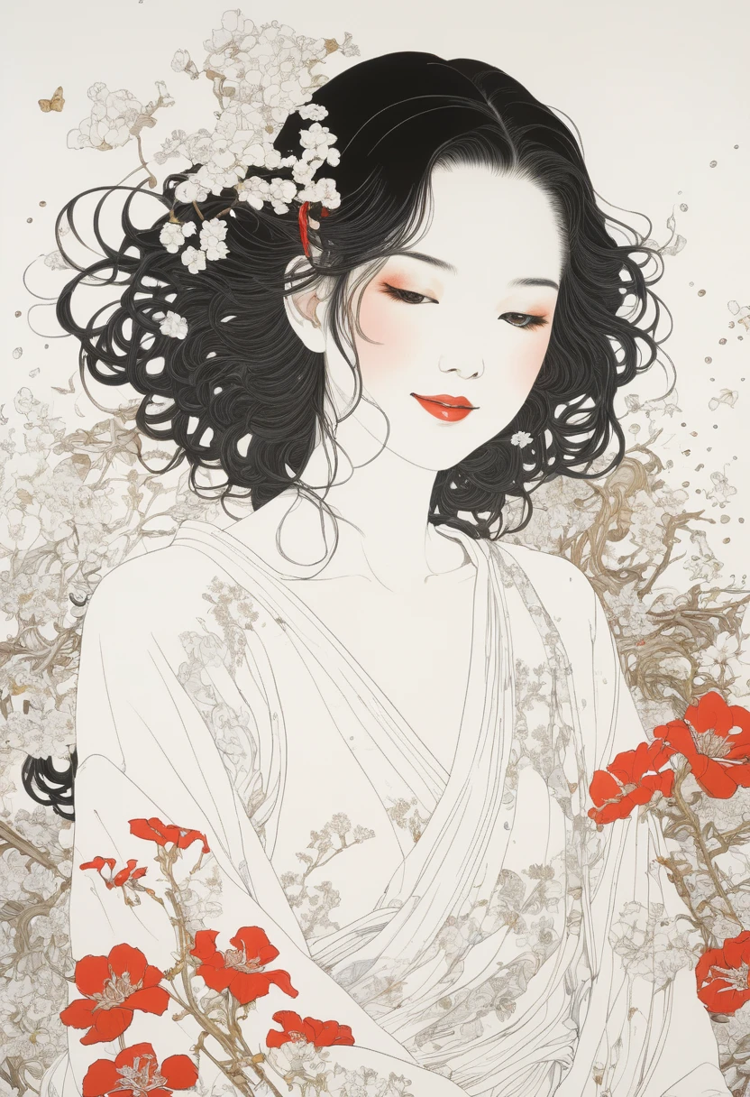 Line art、virgin、Splattered、Crazy Smile、Falling Flowers、takato yamamoto'style、Browsing Caution、Dark and detailed patterned background
