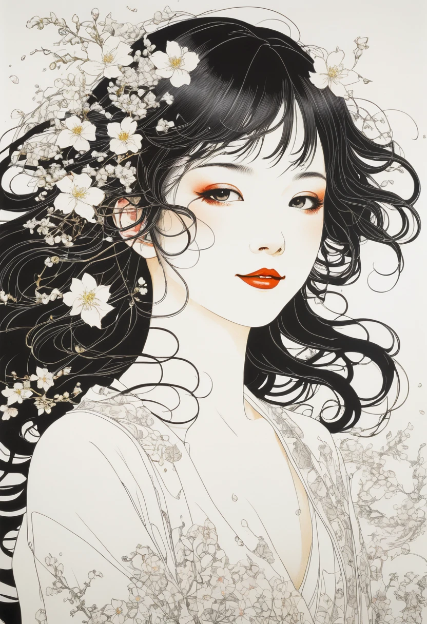 Line art、virgin、Splattered、Crazy Smile、Falling Flowers、takato yamamoto'style、Browsing Caution、Dark and detailed patterned background