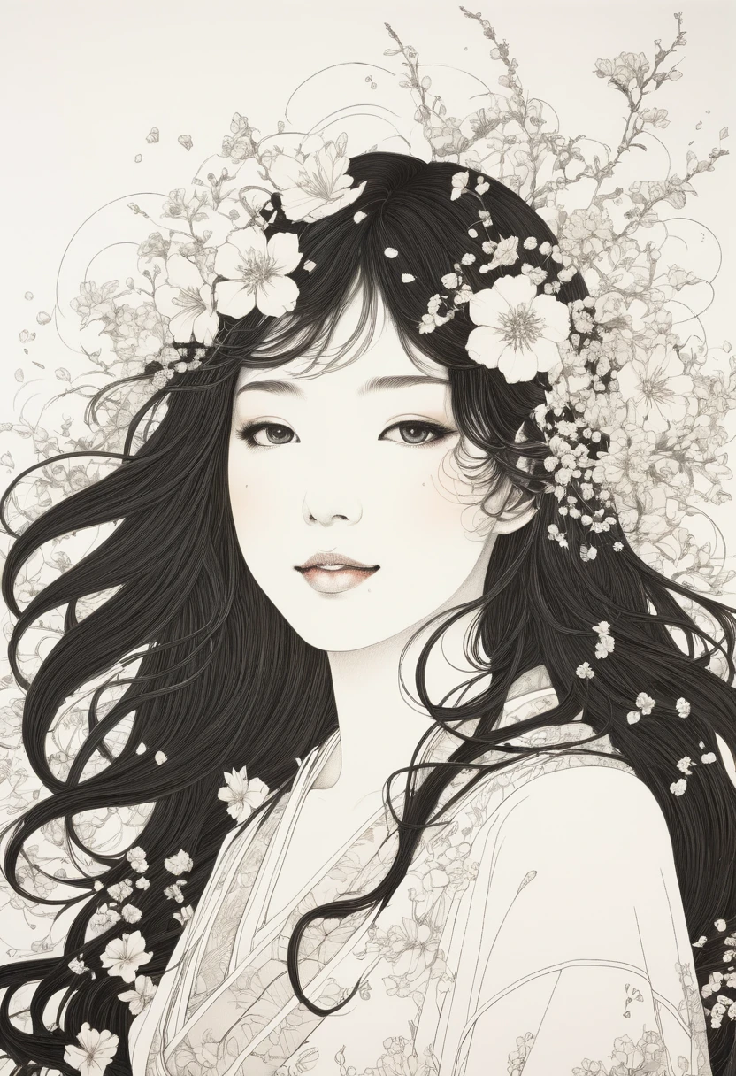 Line art、virgin、Splattered、Crazy Smile、Falling Flowers、takato yamamoto'style、Browsing Caution、Dark and detailed patterned background