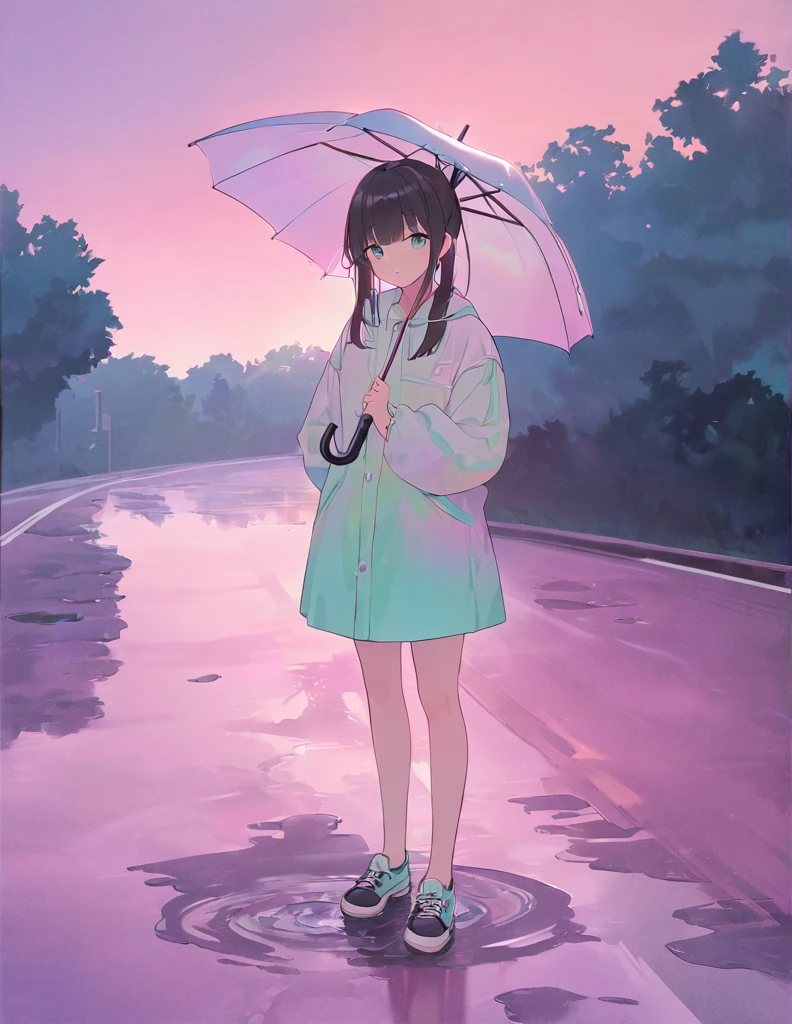 A soft touch to painting、超High resolution, Attention to detail, high quality, High resolution, 最high quality, 4K, 8K,Road after the rain、sunset、Holding an umbrella、Puddle and girl、Pastel color effect、whole body