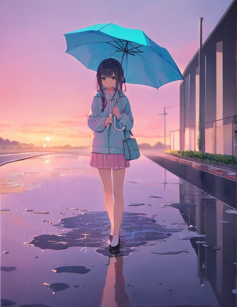 A soft touch to painting、超High resolution, Attention to detail, high quality, High resolution, 最high quality, 4K, 8K,Road after the rain、sunset、Holding an umbrella、Puddle and girl、Pastel color effect、whole body