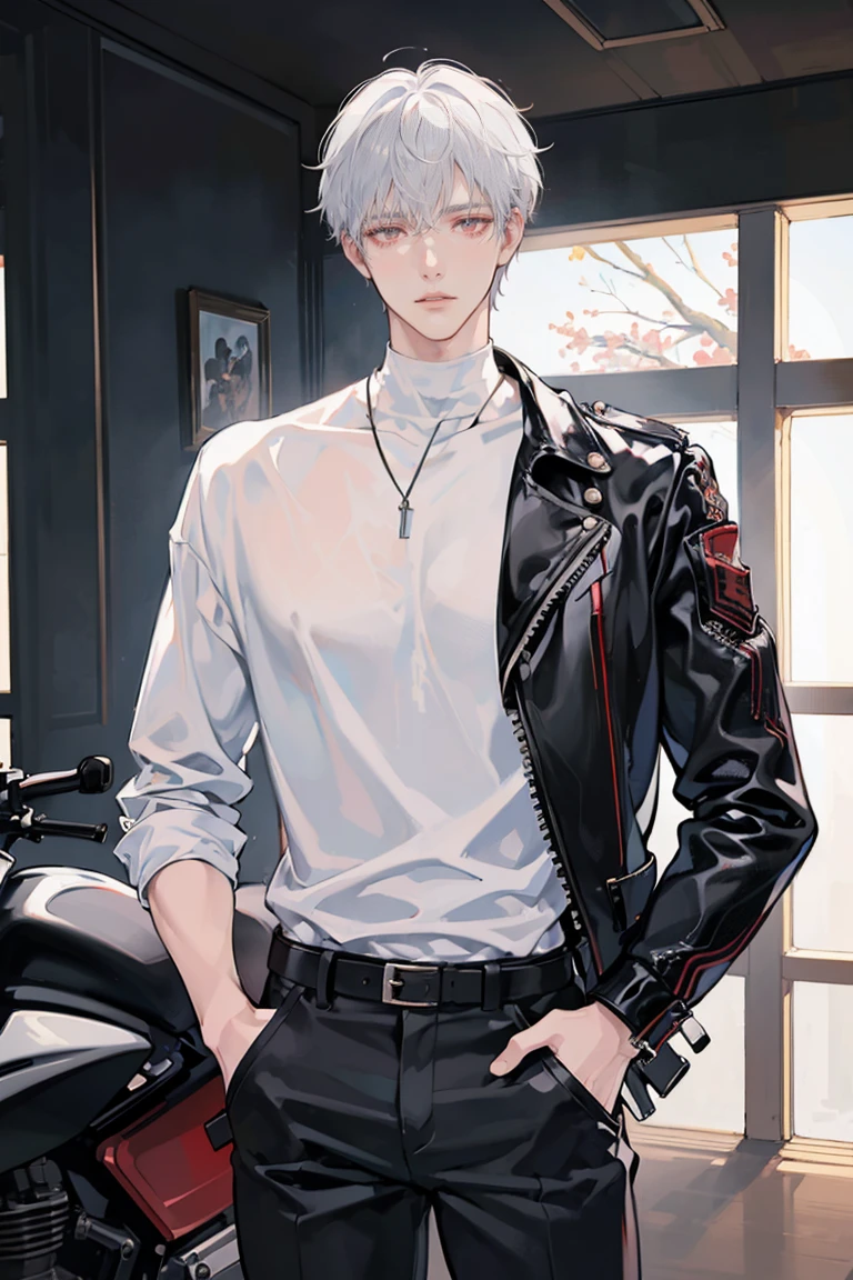 anime - (masterpiece), best quality, seductive eyes, mature face, red eyes, short messy white haircut, short length white hair, plain white t shirt, black leather jacket, black pants, tall man, long legs, masculine, broad shoulders, adult-like, full body, both hands on his pockets, bad boy, motorcycle
