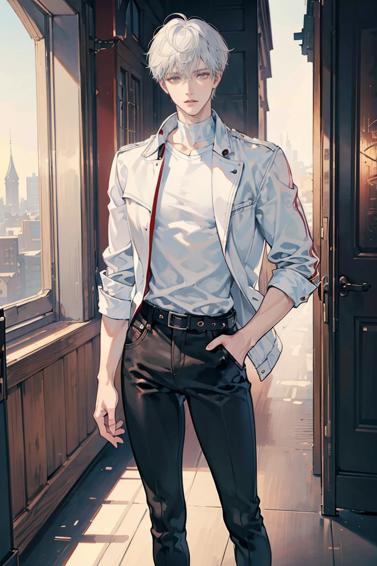 anime - (masterpiece), best quality, seductive eyes, mature face, red eyes, short messy white haircut, short length white hair, plain white t shirt, black leather jacket, black pants, tall man, long legs, masculine, broad shoulders, adult-like, full body, both hands on his pockets, bad boy, motorcycle