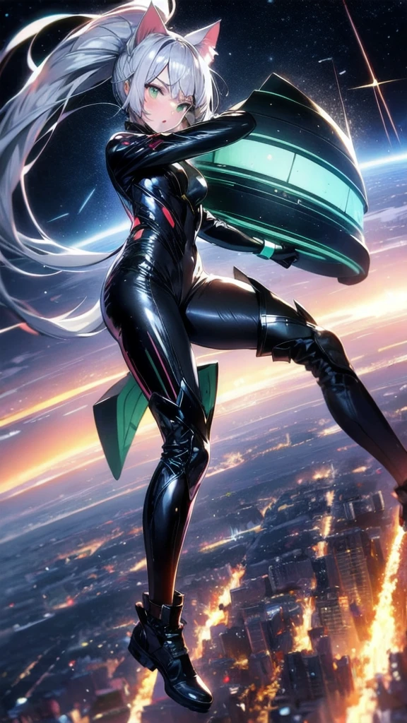 A silver-haired beautiful girl with cat ears eyes are green hair is silver and long clothes: a form-fitting black combat suit The fist is an afterimage The background is a city at night her is in a cat-like fighting pose The year is 14 years monitor, Dark Night, Sweat, Steam of Exhalation, Space, Battle, Dynamic Angle　one girl