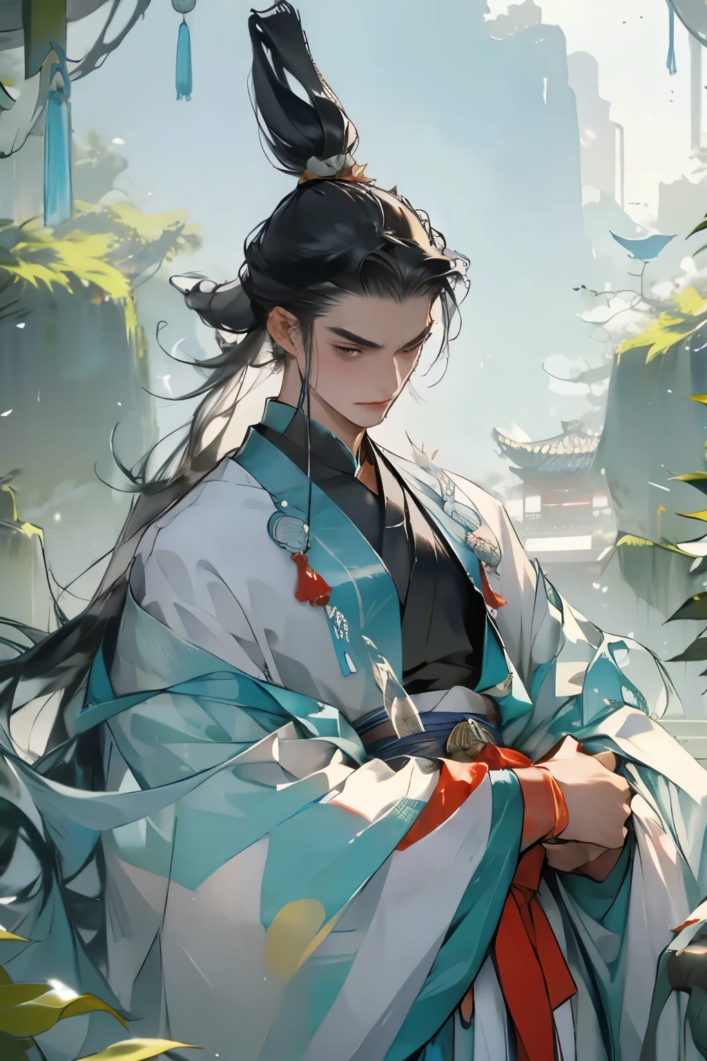 best quality,masterpiece,A black-haired man stood in front of the crowd with high spirits,Ancient Chinese official costumes,Chinese bun,Chinese traditional clothing,Chinese Palace,