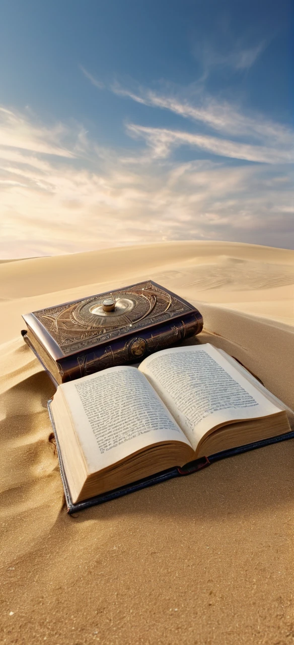 a close up of a book on a sand dune with a sky background, time travel theme, travel in time, time travel, time travelers, time traveler, time travel machine, the sands of time, goddess of travel, traveling through time, tome, ancient mystic time lord, at the dawn of time, illusion of bent time, time travelers appear in a park