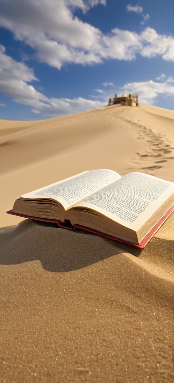 a close up of a book on a sand dune with a sky background, time travel theme, travel in time, time travel, time travelers, time traveler, time travel machine, the sands of time, goddess of travel, traveling through time, tome, ancient mystic time lord, at the dawn of time, illusion of bent time, time travelers appear in a park