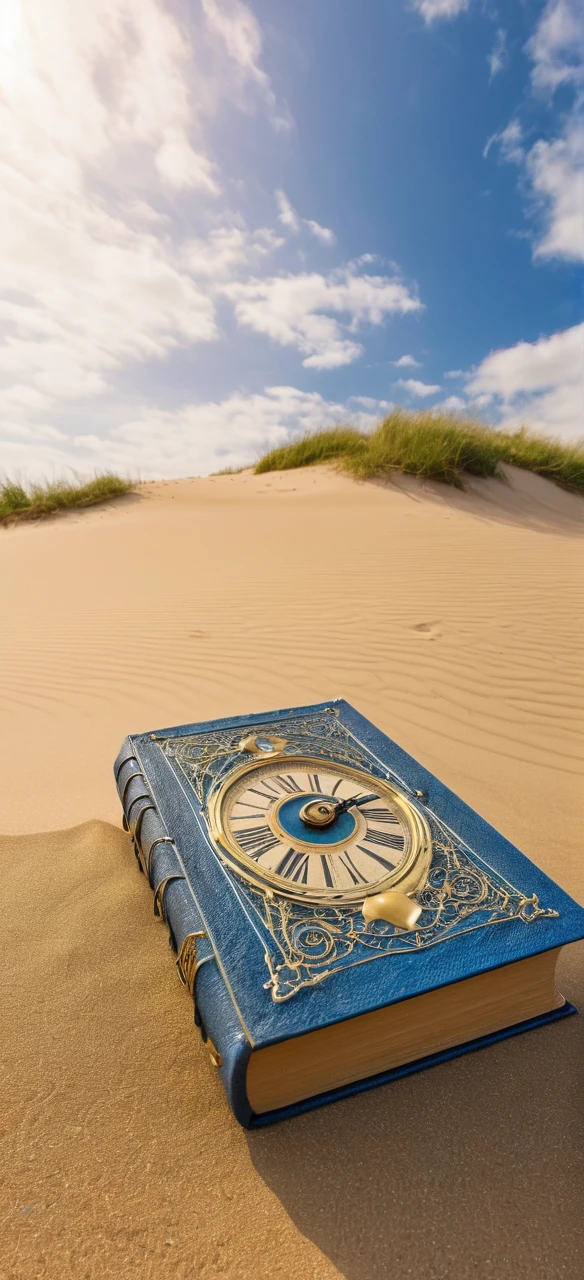 a close up of a book on a sand dune with a sky background, time travel theme, travel in time, time travel, time travelers, time traveler, time travel machine, the sands of time, goddess of travel, traveling through time, tome, ancient mystic time lord, at the dawn of time, illusion of bent time, time travelers appear in a park