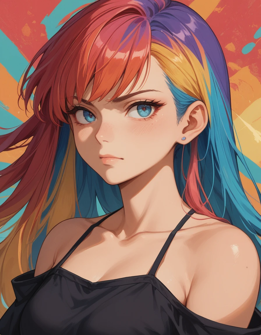 Fraction_9, Fraction_8_up, Fraction_7_up, Fraction_6_Direction_5_up, score_suspicious,  src_Japanese cartoons,  1 Girl, portrait,  Colorful hair, edge, Bare shoulders, upper body, universe