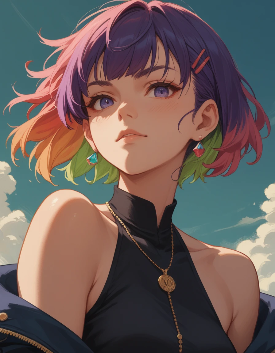 Fraction_9, Fraction_8_up, Fraction_7_up, Fraction_6_Direction_5_up, score_suspicious,  src_Japanese cartoons,  1 Girl, portrait,  Colorful hair, edge, Bare shoulders, upper body, universe