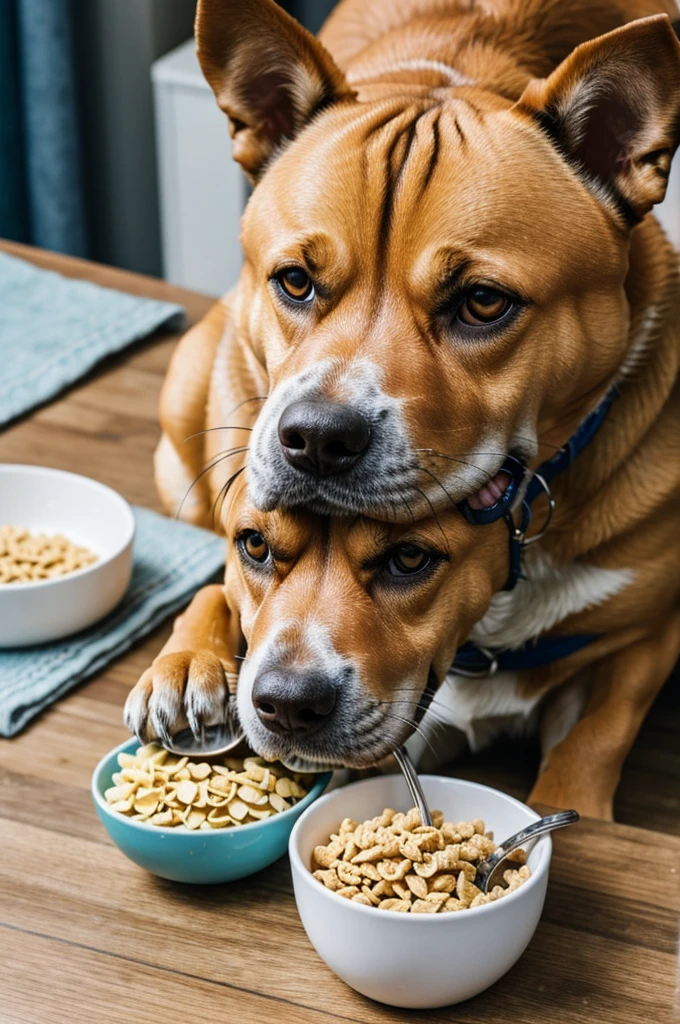 A dog eating cereal with a spoon 