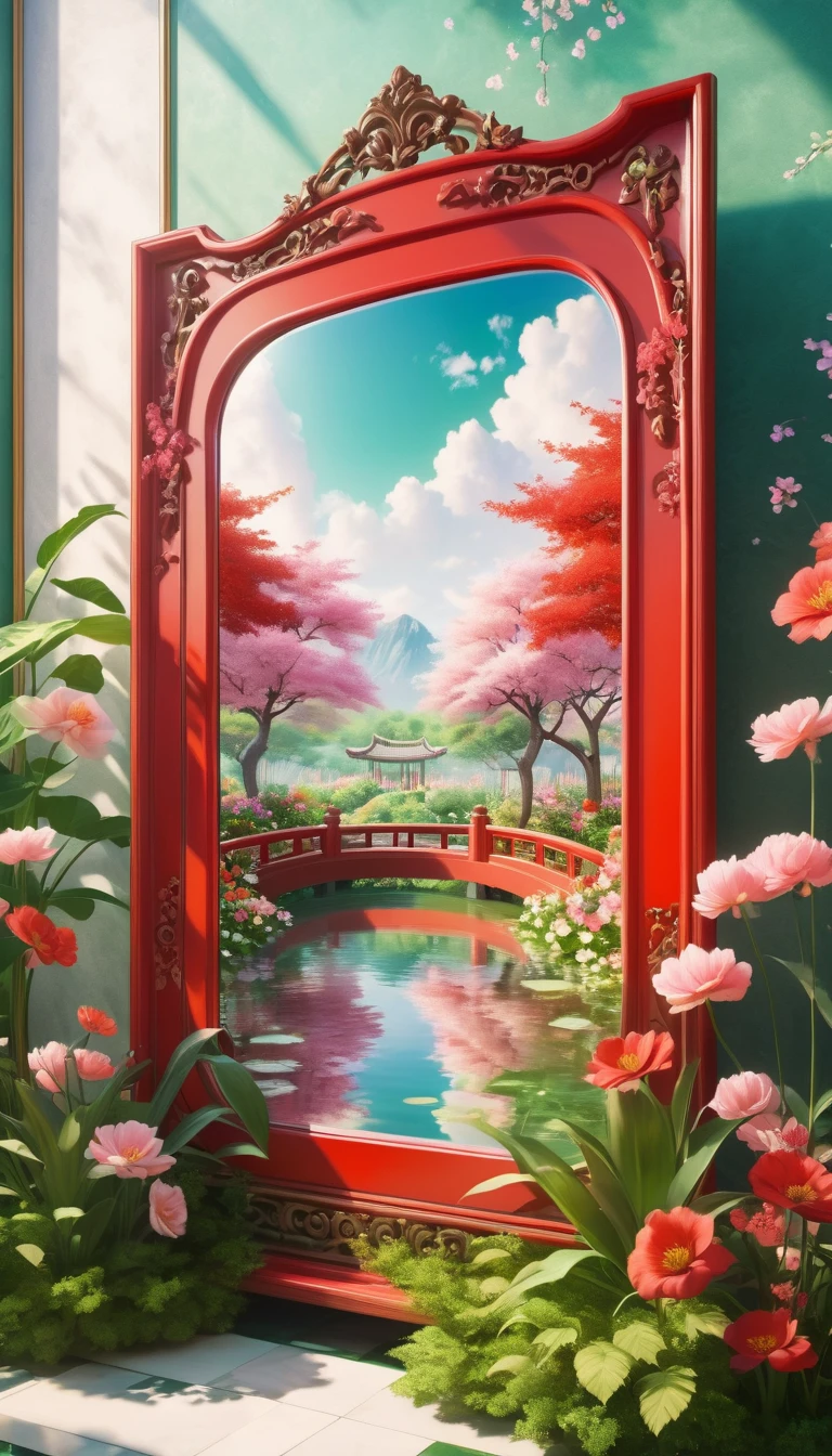 Flowers bloom from a large mirror,镜子中是以粉red云彩为主的天空,There are lots of flowers and plants around,Classic,Spring Garden,red,green,Money,Dreamy scene,virtual reality,Fantasy World
