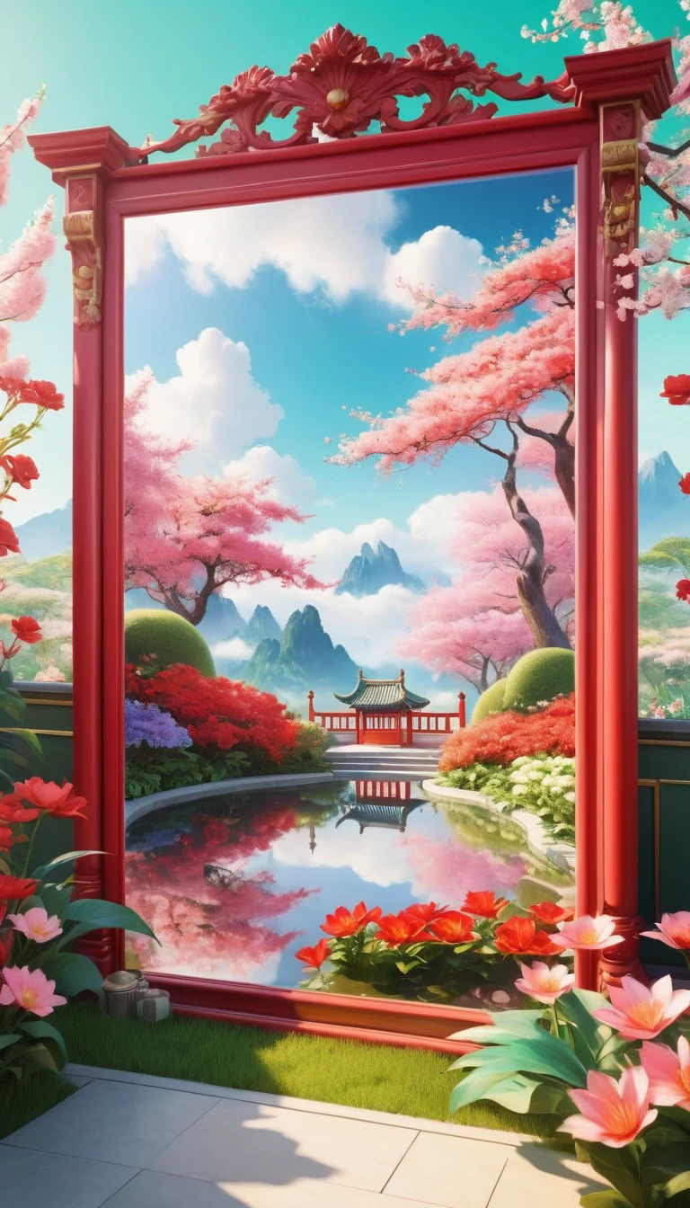 Flowers bloom from a large mirror,镜子中是以粉red云彩为主的天空,There are lots of flowers and plants around,Classic,Spring Garden,red,green,Money,Dreamy scene,virtual reality,Fantasy World