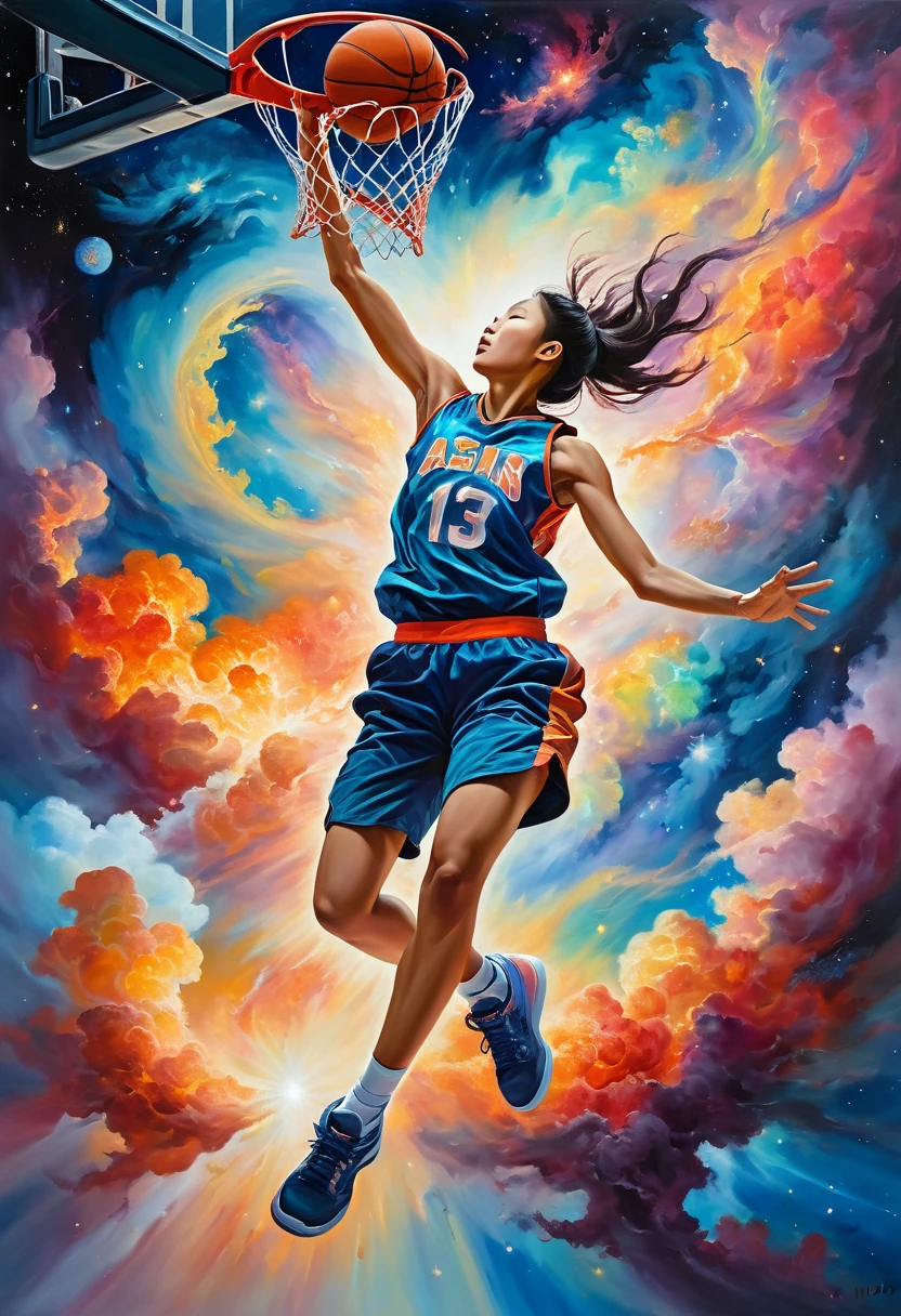 Create an expressive oil painting depicting asian girl basketball player dunking, portrayed as an explosion of a nebula. The basketball player should be captured in a dynamic and powerful pose, mid-dunk, with the body and movement seamlessly blending into the vibrant and colorful cosmic clouds of a nebula, [navel], sweaty, The overall scene should convey a sense of energy, motion, and grandeur, as the act of dunking is artistically transformed into a spectacular cosmic event. The painting should use vivid colors and dramatic brushstrokes to emphasize the explosive and celestial nature of the scene.