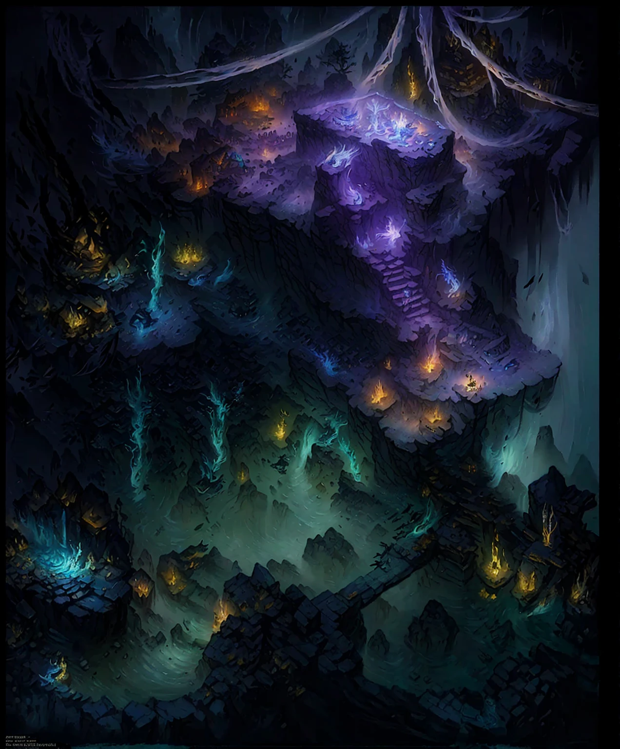 Close up of a cave cartoon style scene with stairs,There is a floating coffin on the top, luminescent Concept Art, Detailed digital 2D fantasy art, magical fantasy 2 d Concept Art, painted as a game Concept Art, Isometric Game Art, intricate and epic Concept Art, Detailed game art, colored Concept Art, World of Warcraft art style, Concept Art, Concept Art