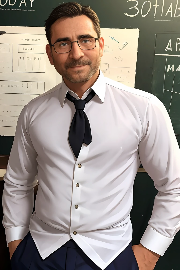 A 40 years old man, white button shirt, eye glasses, black tie, school principal