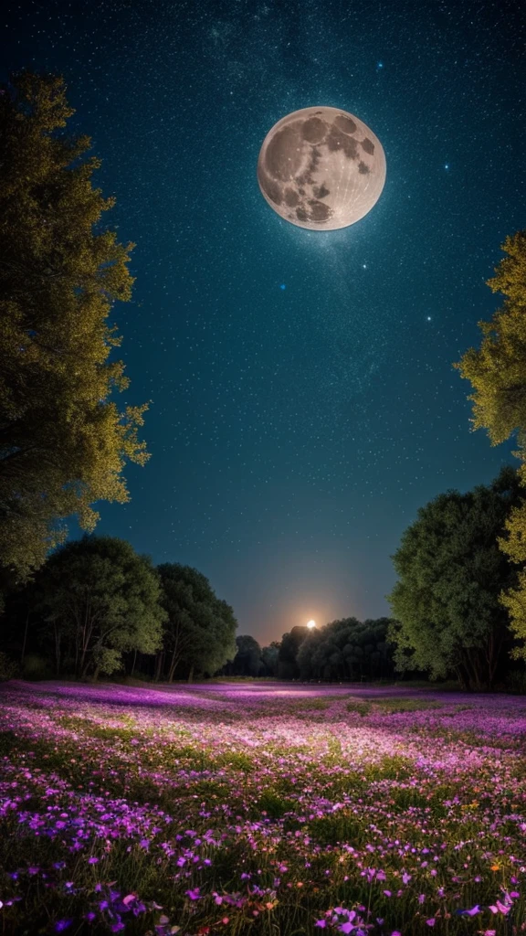 A fantastical night scene with a full moon and transparent butterflies, a field of colorful flowers, and a starry sky transitioning to dawn or dusk.
