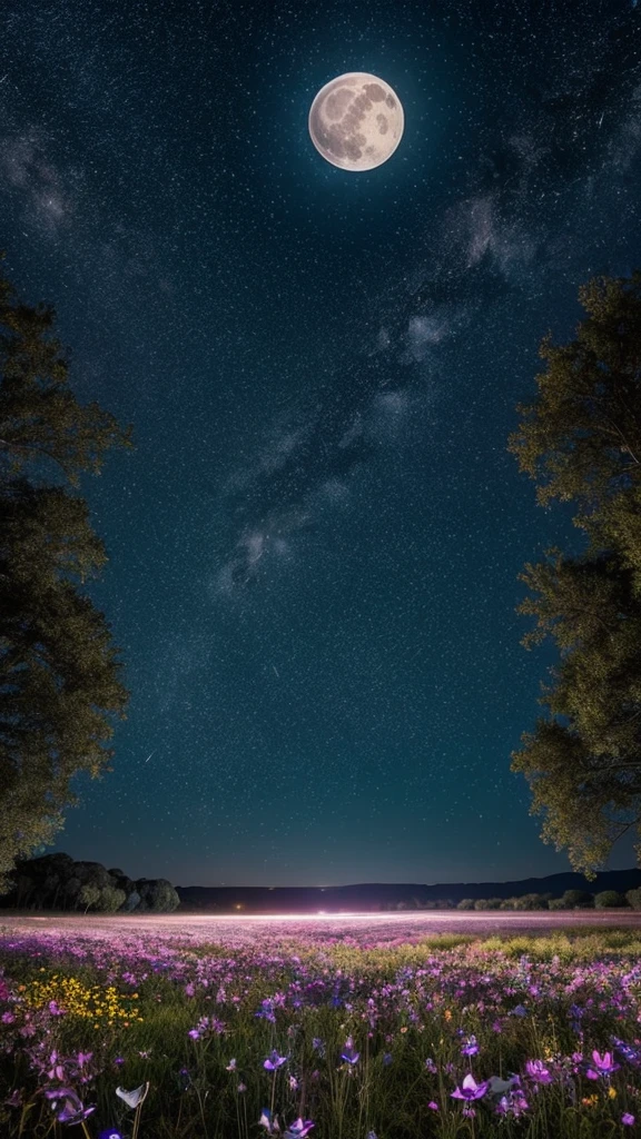 A fantastical night scene with a full moon and transparent butterflies, a field of colorful flowers, and a starry sky transitioning to dawn or dusk.