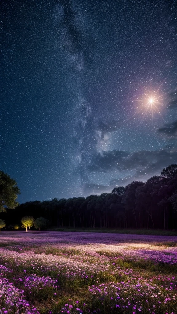 A fantastical night scene with a full moon and transparent butterflies, a field of colorful flowers, and a starry sky transitioning to dawn or dusk.