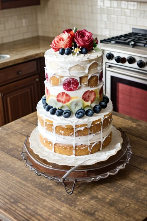 Mixed Fruit Jelly Cake, Flowers around the cake plate,