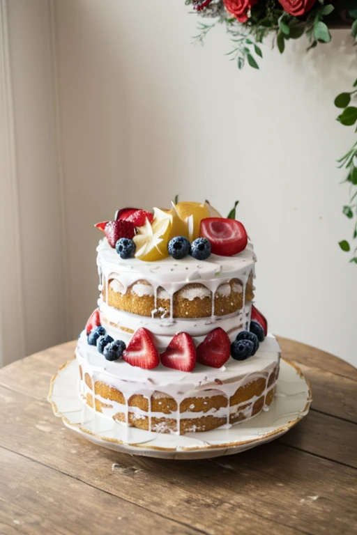 Mixed Fruit Jelly Cake, Flowers around the cake plate,