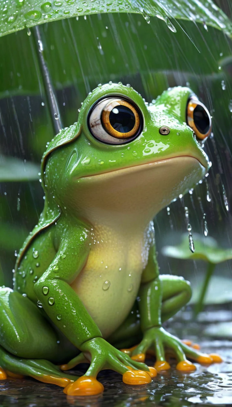 Frog in clothes, in the rain, big eyes, cute, fairy tale, ((top quality)), ((masterpiece)), ((realistic, digital art)), (super detail),DonMBl00mingF41ryXL estate, ray tracing, high res, 8k