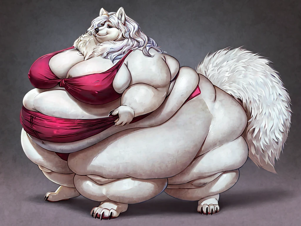 Arctic wolf, female, long messy hair, massive breasts, massive hips, massive thighs,huge fluffy tail, voluptuous, plump, voluptuous, gorgeous beautiful eyelashes, voluptuous, fat arms, fat legs, bikini , morbidly obese, bushy tail, bushy hair,claws, huge belly , belly overhang, large body,huge body, corpulent,heavy bottom, heavy top,fat neck, extremely obese, fluffy,leg fat rolls,arm fat rolls