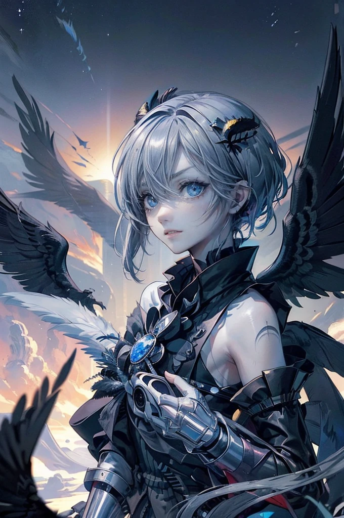 ((4K works))、masterpiece、(top quality)、((top picture quality))、((a beautiful woman))、Slender body、((Y black shirt fashion))、( Beautiful detailed eyes )、Raven in the fantastic city background、((Face similar to Chaewon in Ruseraphim))、((shoulder length hair))、((shiny silver hair))、((Smaller face))、(( Neutral face))、((Light blue eyes))、((British Boy))、((18 years old))、((Wild Woman))、((Wild appearance))、((Show your fangs and laugh)) 、((Korean makeup with black eyeshadow))、((elongated and clear eyes))、((Taken alone))、((Fallen angel))、((Fallen angel woman))、Photos of fallen angels、Villain、( (amazing photo))、Photographed so that the whole body can be seen、horor、((There is a crow on the right shoulder))、Dark Proof、((Shot diagonally from the side))、(((Boyfriend taking a selfie) )、((Cold look, fear))