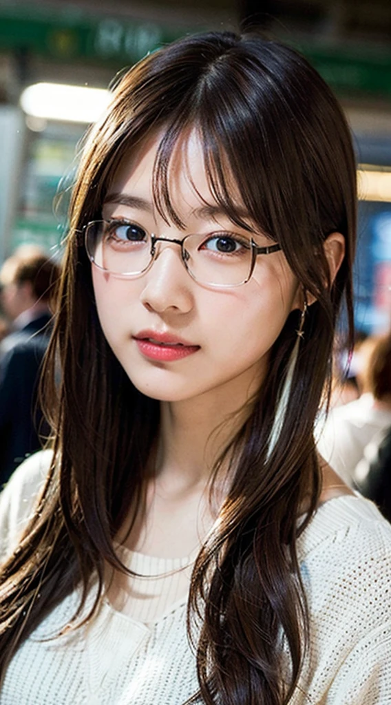 (8K、RAW Photos、Highest quality、masterpiece:1.2)、(Realistic、Photorealistic:1.37)、Ultra-detailed、Ultra-high resolution、1 girl、Seeing the viewer、Beautifully detailed face、Laughter、narrow、(Slim waist) :1.3)、shortcut、Beautifully detailed skin、Skin Texture、Floating Hair、Professional Lighting、Waiting for the train on the platform、Black-rimmed square glasses 、Human whole body、Brown Hair