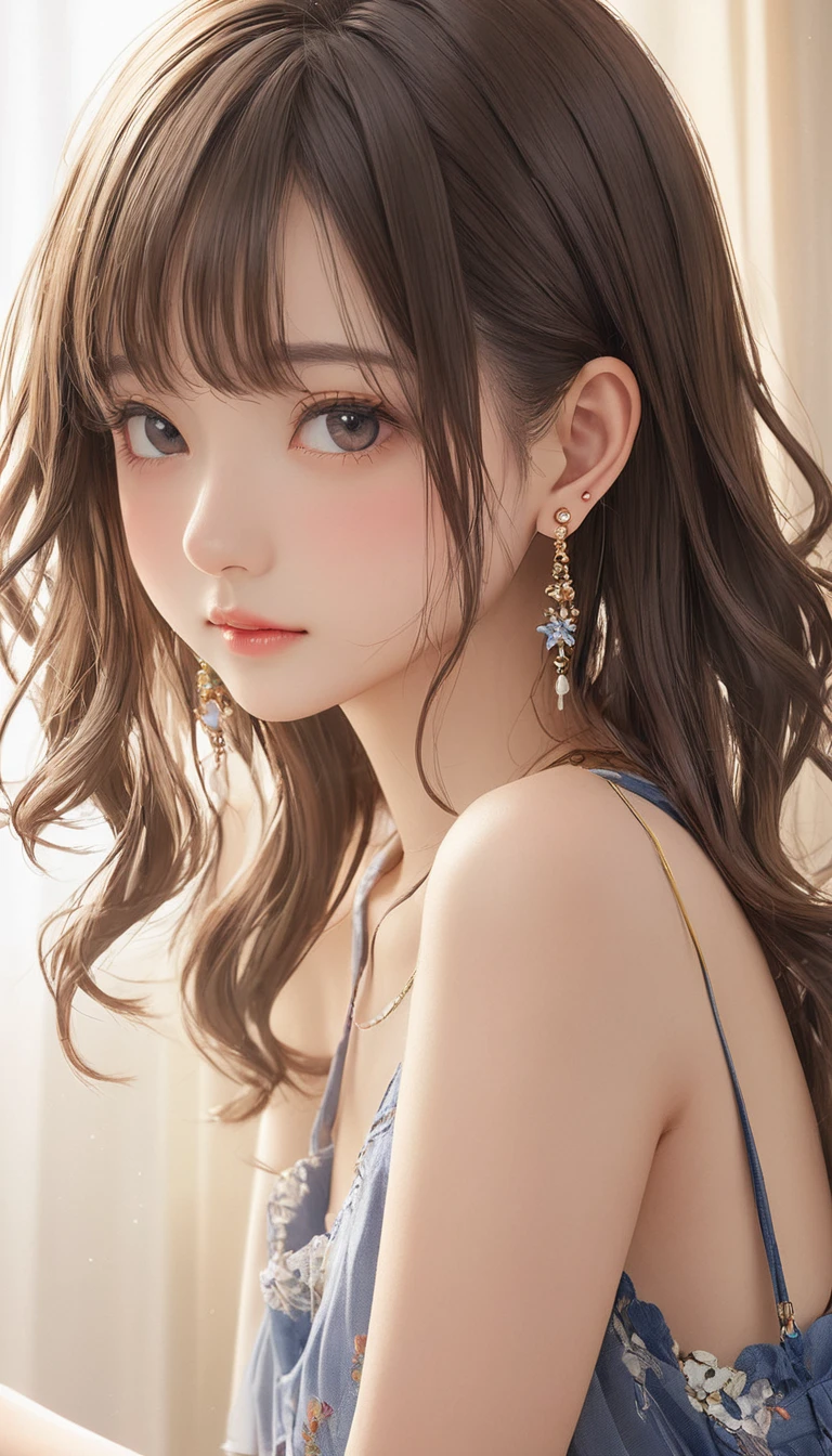 (masterpiece, Highest quality:1.2), One girl, alone,bony body、15 years old、Side lock hair、Earrings